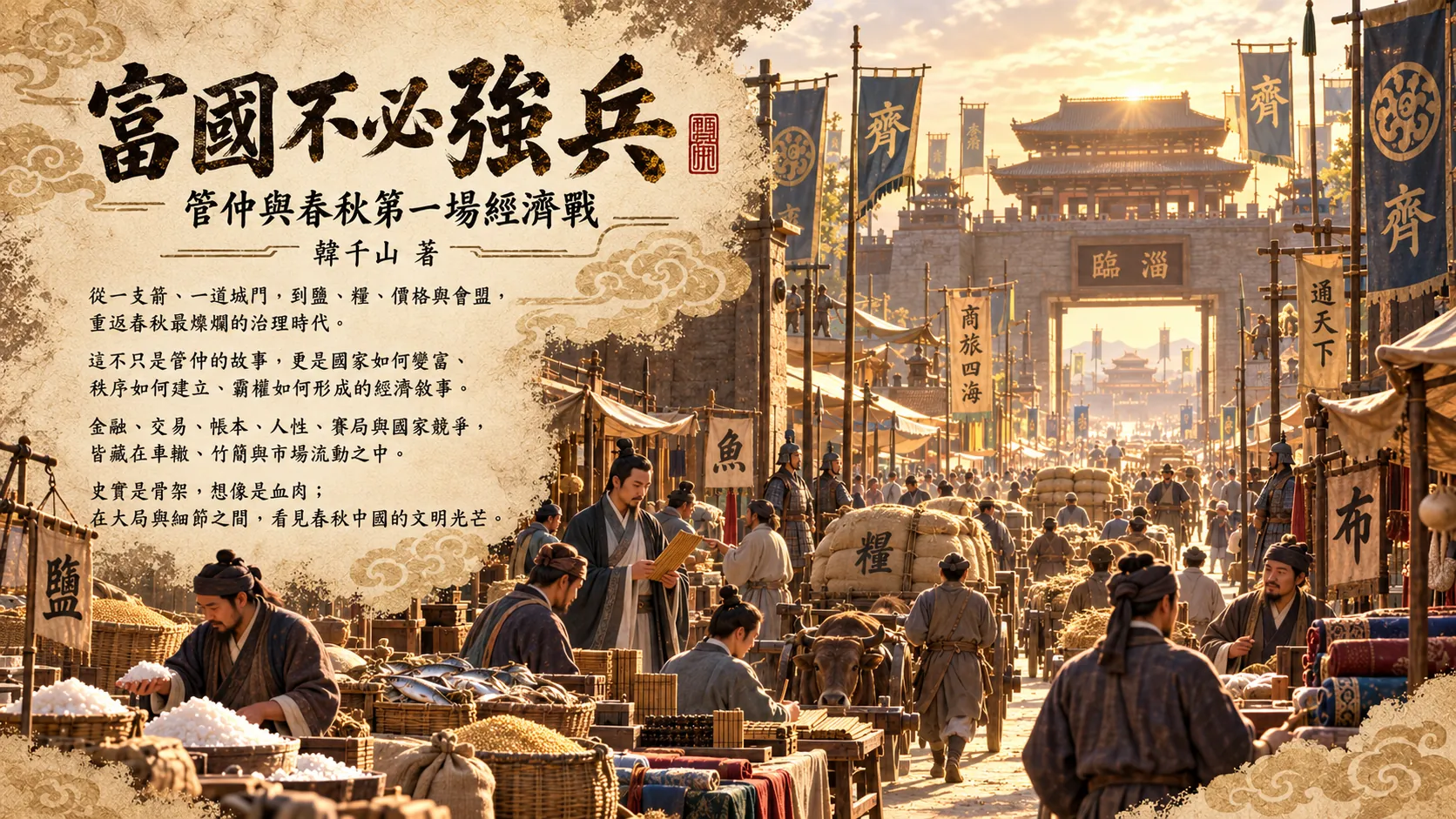 《富國不必強兵：管仲與春秋第一場經濟戰》封面，臨淄城門與市集